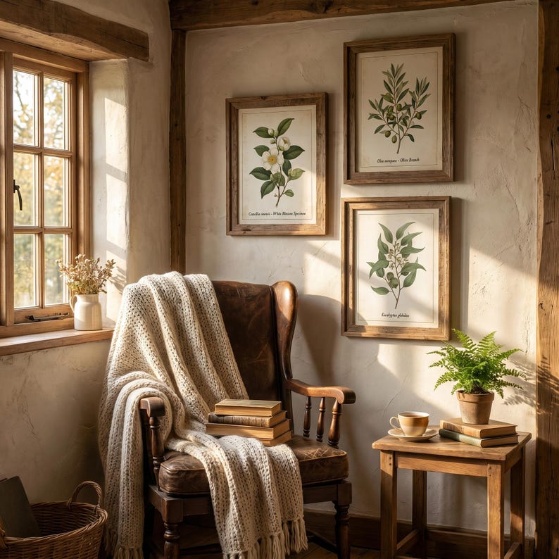 May include: A dark brown wooden armchair draped with a cream-colored knit throw blanket, positioned near a window. Three framed botanical prints hang on the wall, while a small wooden side table holds a potted fern and a ceramic cup.