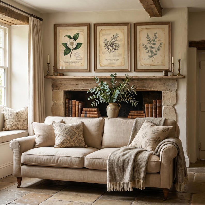 May include: A beige upholstered sofa with three patterned throw pillows and a textured throw blanket. Above the sofa, a stone fireplace mantel holds a ceramic vase with eucalyptus branches, books, and three framed botanical art prints.