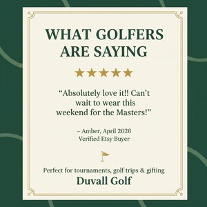 May include: A rectangular graphic with a cream background and dark green border featuring the text WHAT GOLFERS ARE SAYING, five gold stars, a customer review from Amber dated April 2026, a small golf flag icon, and the brand name Duvall Golf.