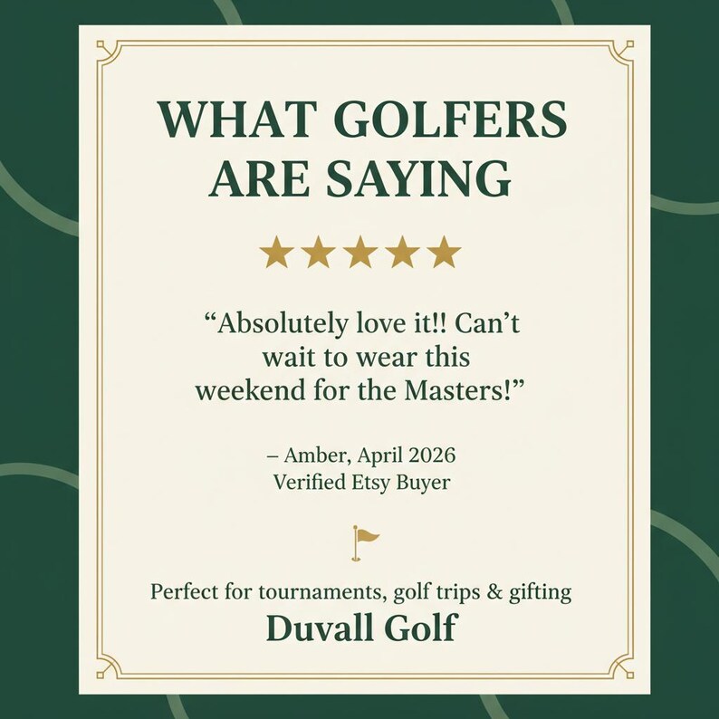 May include: A rectangular graphic with a cream background and dark green border featuring the text WHAT GOLFERS ARE SAYING, five gold stars, a customer review from Amber dated April 2026, a small golf flag icon, and the brand name Duvall Golf.