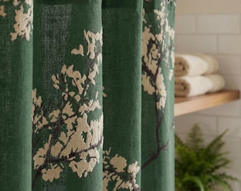 Cream Floral Branch Pattern Shower Curtain | Dark Green Botanical Bathroom