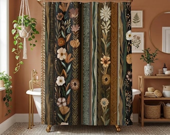 Boho Floral Shower Curtain: Earthy Tones, Botanical Print Bathroom Decor