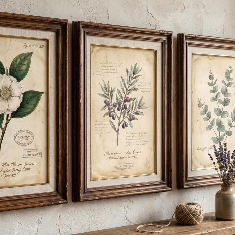 May include: Three framed botanical prints featuring a white blossom, an olive branch with purple olives, and eucalyptus leaves on aged parchment paper. Each print includes handwritten-style text and is housed in a dark brown wooden frame.