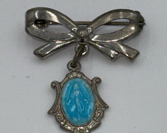 Vintage Silver-Tone and Turquoise Blue Bow Marion Cross Catholic Pendant Brooch