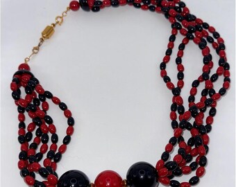 Vintage Red & Black Chunky Beaded Multi-Strand Necklace