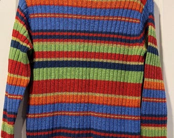 Vintage Liz Claiborne Multicolor Stripe Turtleneck Sweater w/ Gold Thread