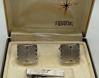 NIB Vintage Swank 3-Piece Silver Toned Cufflink & Tie Clip Set