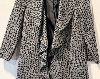 Vintage Calvin Klein Black & Gray Geometric Knit Open Jacket w/ Ruffle Edges