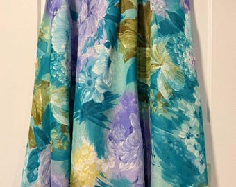 Vintage Teal & Lavender Floral Elastic Waistband Midi Skirt