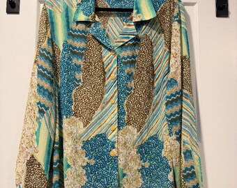 Blusa vintage Swann multicolor de poliéster con estampado geométrico retro, talla 16
