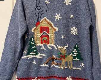Vintage Nut Cracker Christmas Holiday Embroidered Sweater w/ Gingerbread House