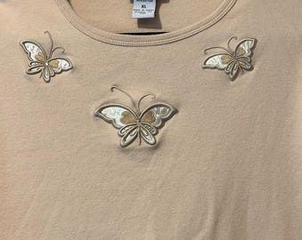 Vintage Rainbow Sportswear Tan Butterfly Embroidered Short-Sleeve Tee XL