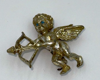 Vintage Silver Cupid With Arrow Cherub Brooch With Blue Crystal CZ Eyes