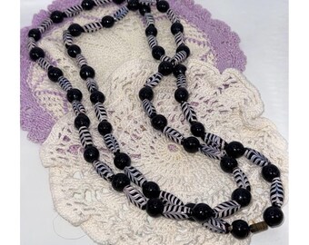 Vintage Black & White Glass Beaded Long Necklace