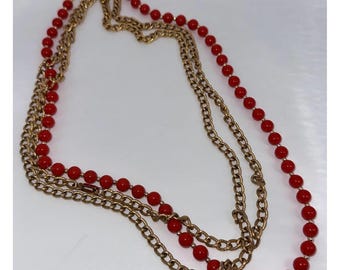 Vintage Red and Gold 2-Piece Necklace Duo Beaded & Long Chunky Chain