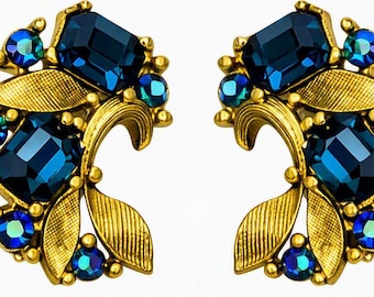 Vintage Lisner Blue Aurora Rhinestone Clip Earrings