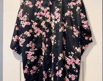 Vintage Japanese Black & Pink Floral Kimono Robe