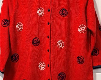 Vintage Cathy Daniels Red Button-Front Sweater w/ White & Navy Blue Swirls