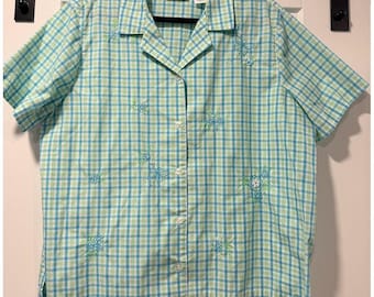 Vintage Alfred Dunner Teal & Lime Short-Sleeve Embroidered Blouse Sz 18