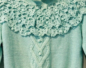 Ninon de Lenclos Vintage 1980s Teal Sweater With Crochet Details