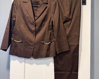 Vintage Peck and Peck Chocolate Brown Stretch Pantsuit Jacket & Pants w/ Gold Trim