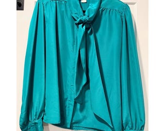 Vintage Teal London Fog Blouse With Scarf-Tie Neck Ladies Size 12