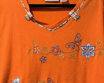 Vintage Alfred Dunner Orange Short-Sleeve Tee w/ Flowers & Butterflies Sz XL