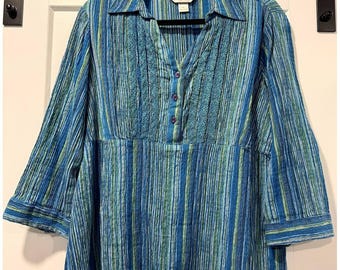 Vintage Christopher and Banks Blue & Green Gauzy Striped Blouse Sz XL
