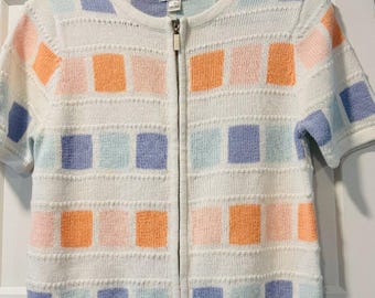Vintage Christopher and Banks Pastel & White Zipper Front Short-Sleeve Sweater