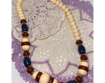 Vintage Wooden Beaded Blue, Rust & Cream Necklace