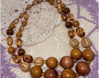 Vintage Double-Strand Wooden & Lucite Bead Necklace
