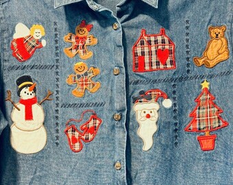 Vintage Karen Scott Embroidered Christmas Denim Button-Up Shirt