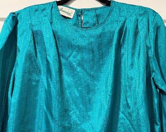 Vintage Joanna Teal Textured Polyester Blouse Ladies Size 14
