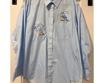 Vintage Las Olas Pinstripe Embroidered Bird Button-Front Blouse Size XL