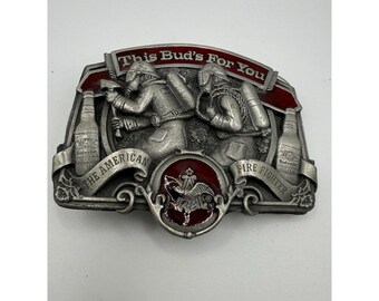 Vintage 1987 This Bud's for You American Firefighter Belt Buckle