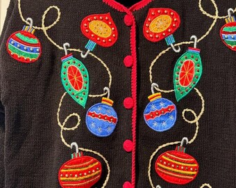 Vintage Nut Cracker Holiday Christmas Sweater With Applique Ornaments