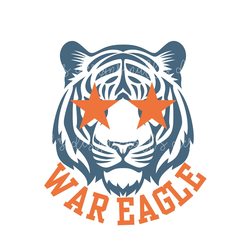 May include: A stylized tiger head design in navy blue and white, with orange star-shaped sunglasses. The text "WAR EAGLE" is in orange, arched below the tiger's face. This design is suitable for apparel and accessories.