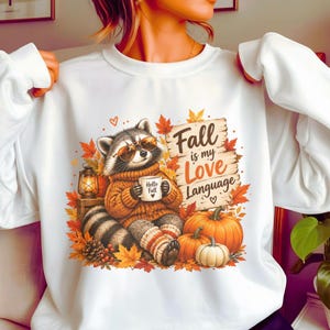 Fall Love Language Raccoon PNG | Cute Autumn Coffee Shirt Digital Design | Cozy Animal Fall Shirt Graphic Download