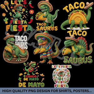 Puede incluir: Una colección de ilustraciones coloridas con dinosaurios con sombreros, sosteniendo tacos, y los textos "Taco Saurus", "Cinco de Mayo" y "Let's Fiesta". Diseños para camisetas y carteles.