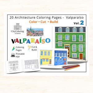 Valparaíso – Avanço Livro 2 Cerro Alegre • 20 fachadas para colorir • arte arquitetônica imprimível • PDF urbano do Chile