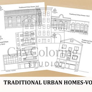 Puede incluir: Varios dibujos arquitectónicos en blanco y negro titulados "Traditional Urban Homes - Vol. 2". Los dibujos representan fachadas de edificios. Lápices sobre una superficie de madera marrón claro.