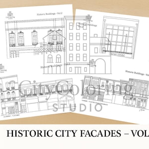 Puede incluir: Varios dibujos arquitectónicos en blanco y negro de fachadas de edificios históricos, titulados "Historic Buildings - Vol. 2". Los dibujos presentan detalles de edificios. Lápices sobre una superficie de madera clara.