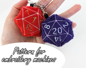 Motif de broderie ITH (dans le cerceau) D20 dés donjons et dragons D&D porte-clés