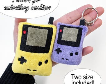 ITH (in the hoop) embroidery pattern Game Boy Color keychain and mini plush