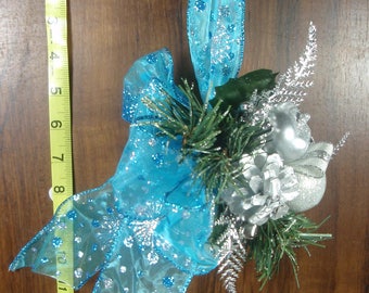 Aqua & Silver Jingle Bell Door Hanger, FREE SHIPPING, Floral Christmas Door Decoration with Gift Box