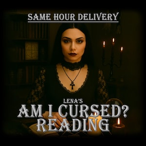 May include: An image featuring a woman in a black dress with a cross necklace, and the text "SAME HOUR DELIVERY" and "LENA'S AM I CURSED? READING". Lit candles and a crystal ball are also visible, creating a mystical atmosphere.