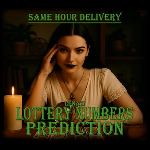 Puede incluir: Imagen de una mujer con cabello oscuro y lápiz labial negro, con el texto "SAME HOUR DELIVERY" y "LENA'S LOTTERY NUMBERS PREDICTION." Una vela encendida y un collar con un colgante de ankh también son visibles.