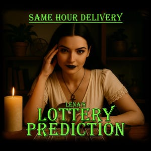 Puede incluir: Una mujer con cabello oscuro y lápiz labial negro es el punto focal de esta imagen. El texto "SAME HOUR DELIVERY" está en la parte superior y "LENA'S LOTTERY PREDICTION" en la parte inferior. Una vela encendida está a la izquierda.