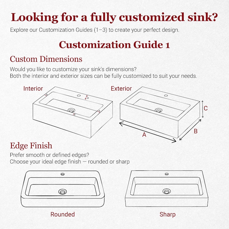 Pu&ograve; includere: Diagramma di un lavandino rettangolare con opzioni di personalizzazione. L'immagine include il testo: "Looking for a fully customized sink?" e "Customization Guide 1". Mostra dimensioni interne ed esterne e opzioni di finitura dei bordi: arrotondato o affilato.