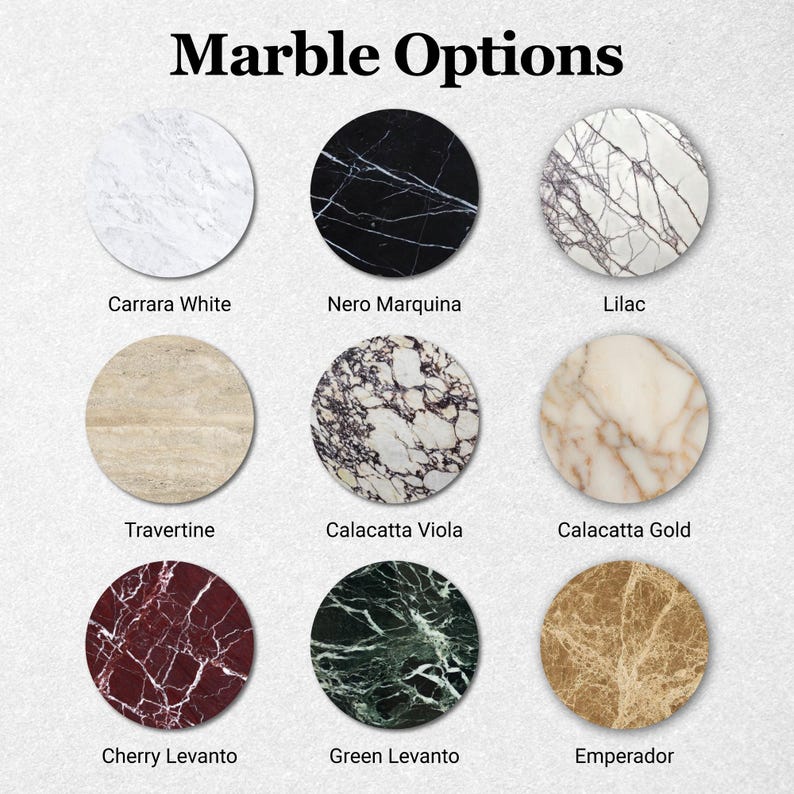 May include: Image showcasing nine circular marble samples, each with a unique pattern and color. The samples include Carrara White, Nero Marquina, Lilac, Travertine, Calacatta Viola, Calacatta Gold, Cherry Levanto, Green Levanto, and Emperador. Text at the top reads "Marble Options."